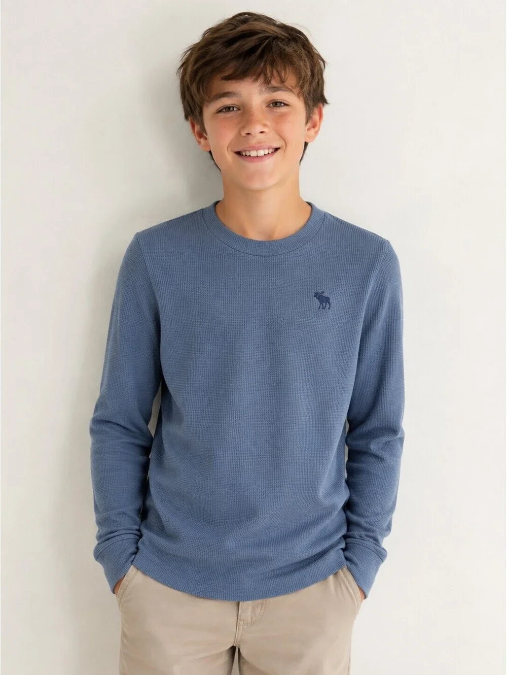 Abercrombie Kids Boys 11/12 Blue Waffle Thermal Long Sleeve Moose Logo